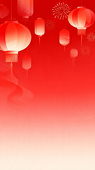 Red lanterns and fireworks against a gradient red background, symbolizing festive celebration.