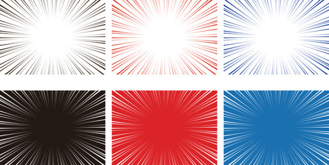 漫画風の集中線セット ベクター素材（黒・赤・青・背景あり・背景なし）