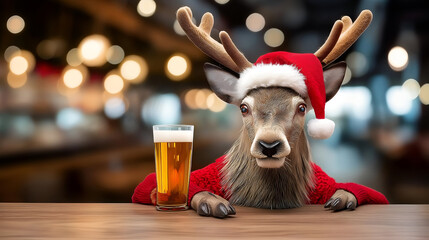 A festive deer in a Santa hat enjoys a beer at a bar, creating a humorous and whimsical holiday scene.