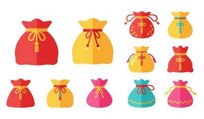 Obraz premium Asian lucky bag symbols flat fabric pouch vector set isolated on transparent background
