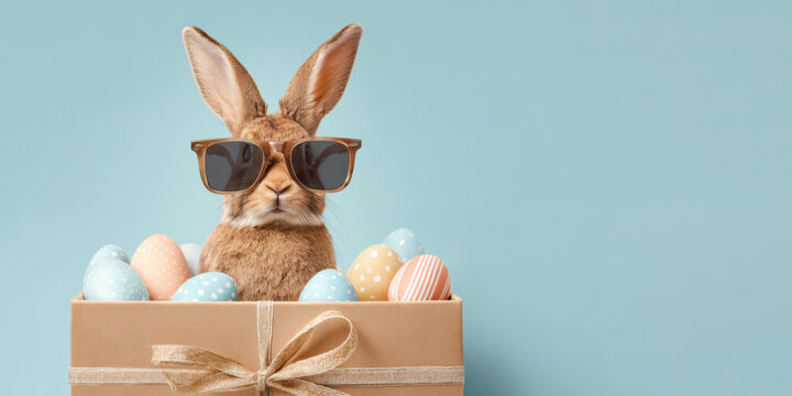 Happy Easter concept holiday greeting card - Cool Easter bunny, rabbit with sunglasses, sitting in a gift box with Easter eggs, isolated on a blue background