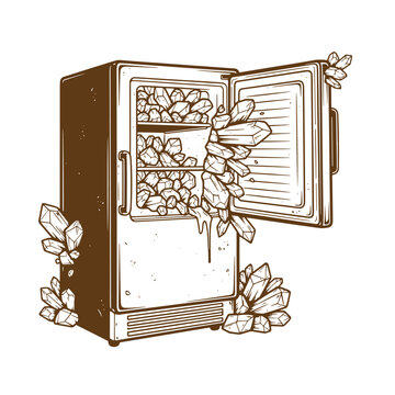 Vintage Grunge texture Illustration of a refrigerator with crystals growing out of it and inside the fridge compartments on white
