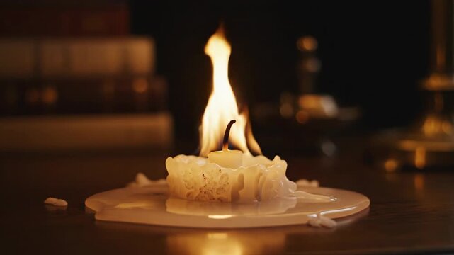 A white candle burns brightly on a wooden table. The flame flickers and melts the wax, forming a puddle beneath it. The background is dark and cozy.