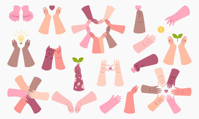 Women's Hands Gestures of Giving and Care. Flat Vector Set for International Women's Day. Give to Gain 2026.
