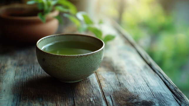 Cup of green tea on rustic wooden table with soft light