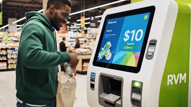 A man in a green hoodie interacts with a green and white reverse vending machine displaying $10 on its screen in a store