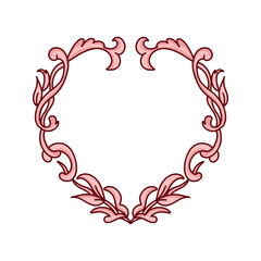 Pink retro frame with flowers and patterns and monograms. Vintage frame for Valentine's day on a white background.