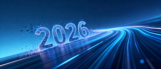 Digital representation of the year 2026 with glowing blue light trails and futuristic motion effects