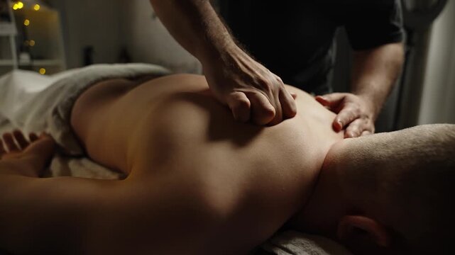 Professional back massage in a tranquil therapy room, as a therapist applies deep tissue kneading and firm pressure to the client's back for relaxation, muscle relief, and wellness