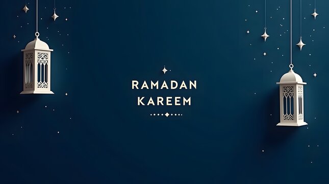 Ramadan Kareem Festive Banner with Traditional Lanterns and Stars on a Deep Blue Background