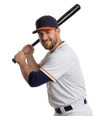 Male baseball athlete holding bat in classic portrait pose, smiling