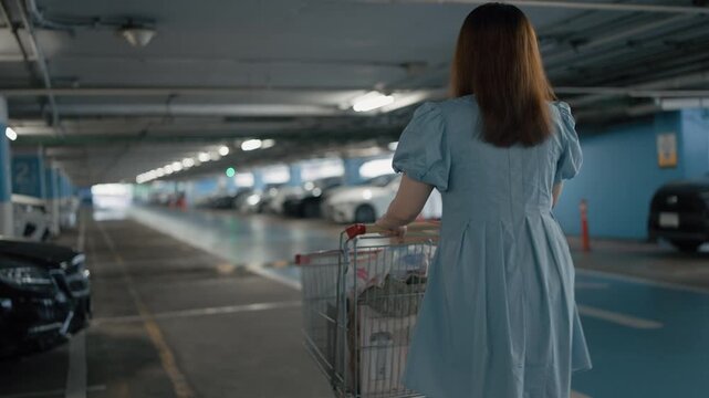 Rear view of a woman walking alone while pushing a shopping cart in a parking garage