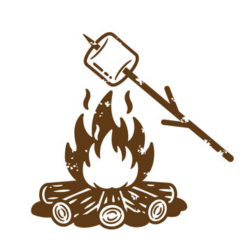 Vintage Grunge texture roasting a marshmallow over a campfire on a stick outdoors  a classic summer treat