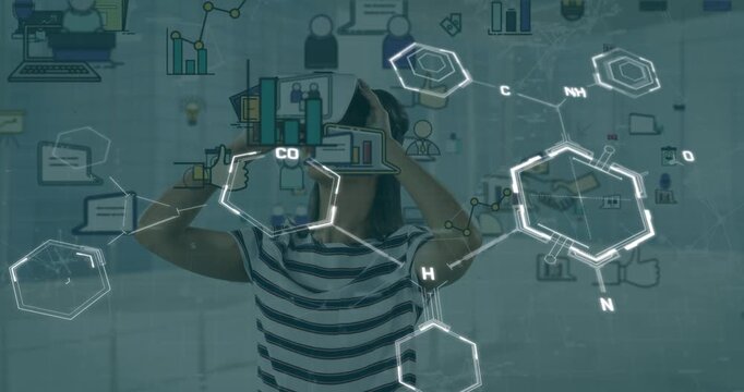 Animation of business icons over caucasian woman using vr headset