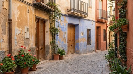 Colorful textures of local street walls bathed in natural light. Street in a Mediterranean village. Travel concept.