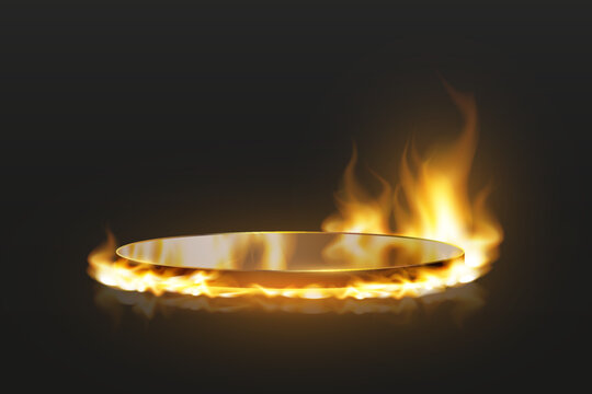 Minimal stage for product demonstration with fire effects.