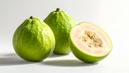 Vibrant Green Guavas and Sliced Half Revealing Pink Flesh on White Background, Healthy Tropical Fruit