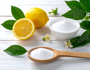A lemon, cut lemon, powder, leaves, and flowers on a white wood surface