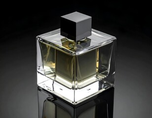 Square perfume bottle on reflective black surface. Minimalist design