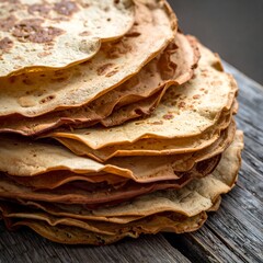 Stack of thin, flat, textured baked goods on a rustic wooden surface