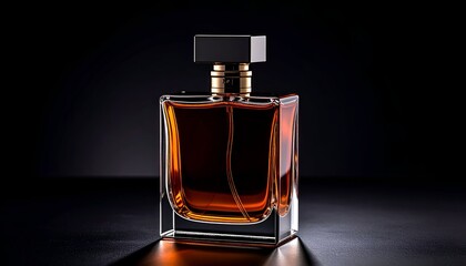 Elegant perfume bottle with dark amber liquid against a dark backdrop