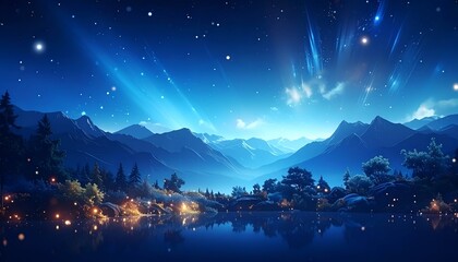 Serene nighttime scene with mountains, lake, glowing lights and stars