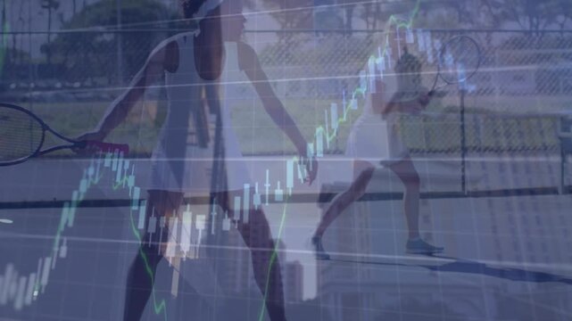 Animation of data processing and cityscape over diverse tennis players