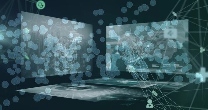 Animation of network of connections with icons over data processing