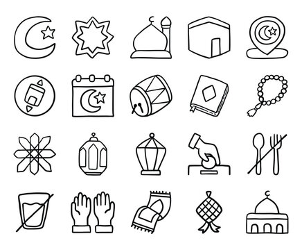 A hand-drawn Ramadan and Islamic icon set featuring essential religious symbols and traditions, illustrated with organic lines and a crafted, human touch.