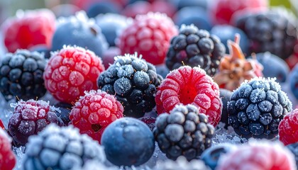 Frosted berries macro, vibrant colors, close-up details