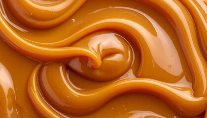 Close-up of glossy, swirling caramel, capturing texture and color detail