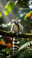 Fototapeta premium Ring-tailed Lemur Perched on Branch in Lush Rainforest.