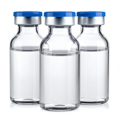 Three glass vials with liquid, blue caps, and silver rims on white background
