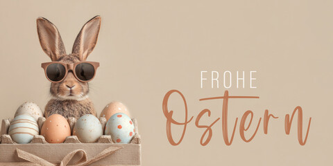 Frohe Ostern Konzept Feiertag Gru&szlig;karte mit deutschem Text - Cooler Osterhase, Kaninchen mit Sonnenbrille, sitzt in Eierkarton Box mit Ostereiern, isoliert auf beigem Hintergrund