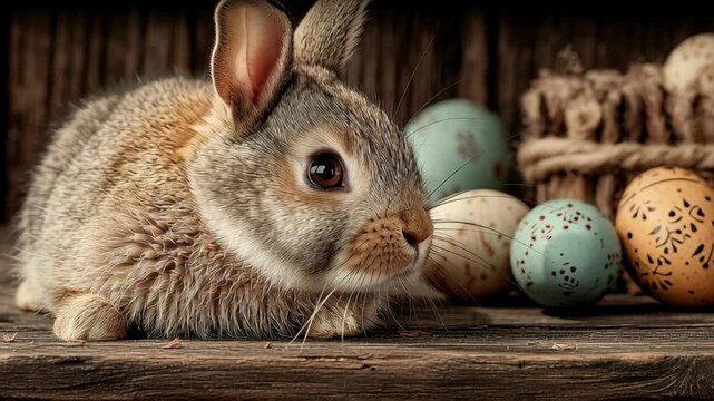 A charming bunny rests on a rustic wooden table, surrounded by intricately painted easter eggs. the scene exudes a warm, festive atmosphere, ideal for easter-themed designs and holiday decorations.