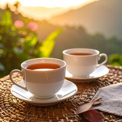 Two tea cups on saucers atop a woven mat, overlooking a serene landscape