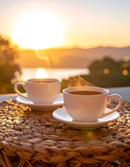 Two cups of warm drink with a sun setting over a scenic landscape