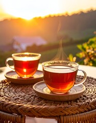 Two glass cups of tea on a woven mat, with sunrise over a landscape
