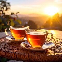 Two cups of tea on a table, sunset in background