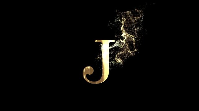 Golden letter J with particles, alphabet, abc, alpha channel, english letters with gold particles and a transparent background