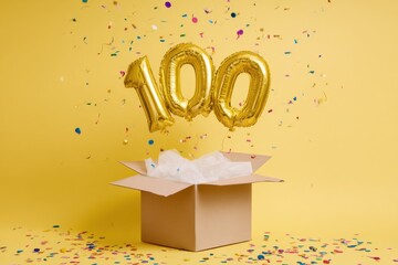 Celebratory box with gold 100 balloons and colorful confetti on yellow background