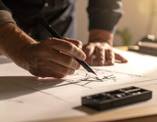 Person sketching on a blueprint with a pen, close-up hands