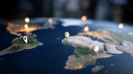 A conceptual diagram featuring multiple pins marking shipping origins and destinations on a global map, emphasizing the importance of shipment tracking in international logistics and supply chain