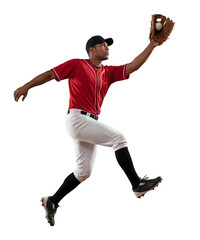 Full body shot of baseball player in red uniform leaping to catch a high fly ball