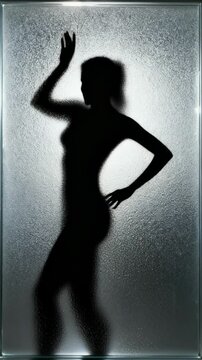 Sensual silhouette of woman dancing gracefully behind frosted glass with water droplets and soft lighting. mysterious movement with composition. For beauty, fashion, and content.
