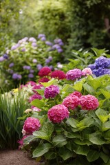 Vibrant summer garden with pink and purple hydrangeas in bloom