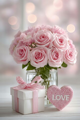 Soft pink roses in glass vase with gift box