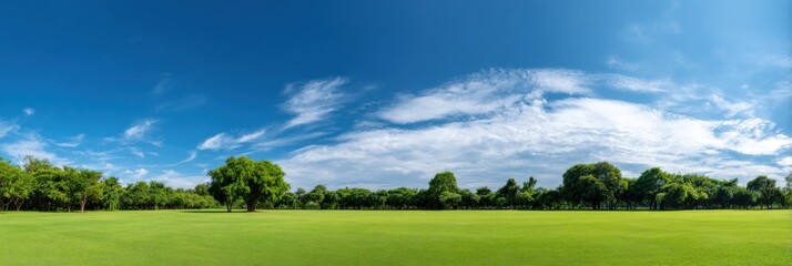 Fototapeta premium Lush green landscape under clear blue sky with fluffy clouds
