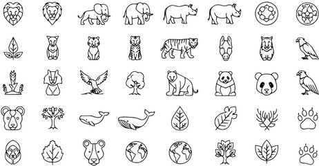 Fototapeta premium Collection of Line Art Icons Representing Wildlife, Nature, and Conservation