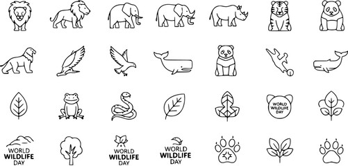 Fototapeta premium Diverse Wildlife Icons for World Wildlife Day: Animals, Plants, and Nature Symbols